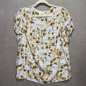 89th & Madison Womens Feminine Abstract Floral Top L White Ruffle Sleeve Bow